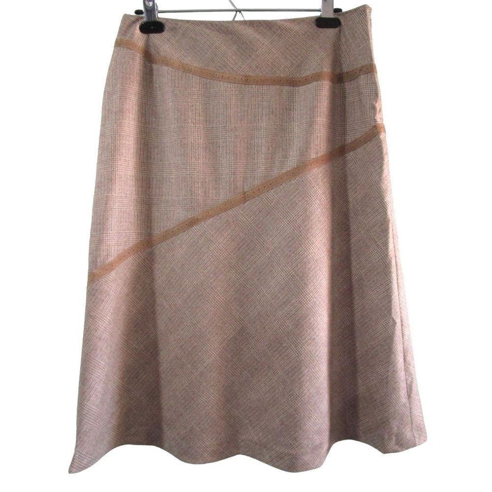 Faconnable Wool Cashmere Blend Brown Khaki Lined Skirt Suede Trim Ladies 8 GUC